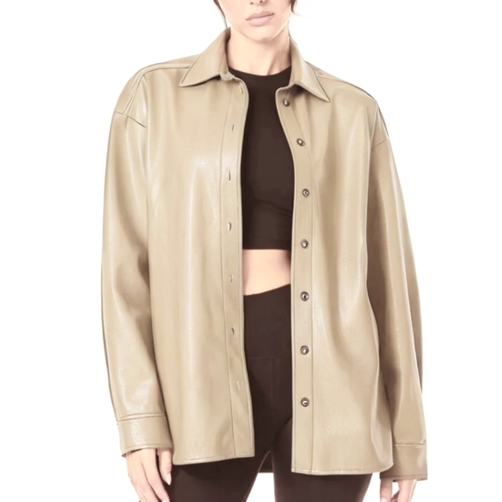 Oversized Vegan Leather Shirt Jacket - Taupe Fits Like XL